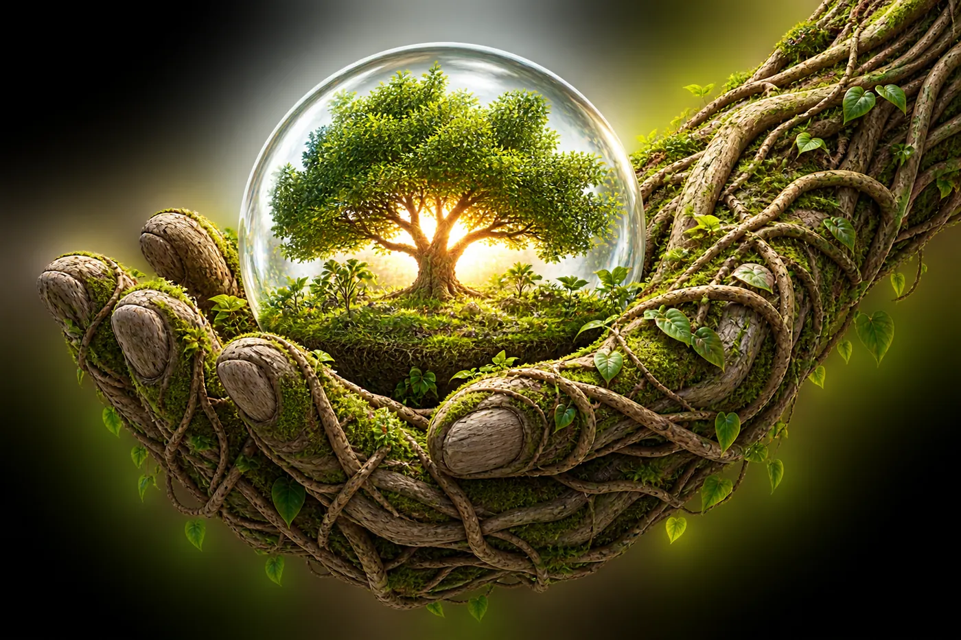 A glass sphere holding a living tree, cradled by a hand made of roots and moss