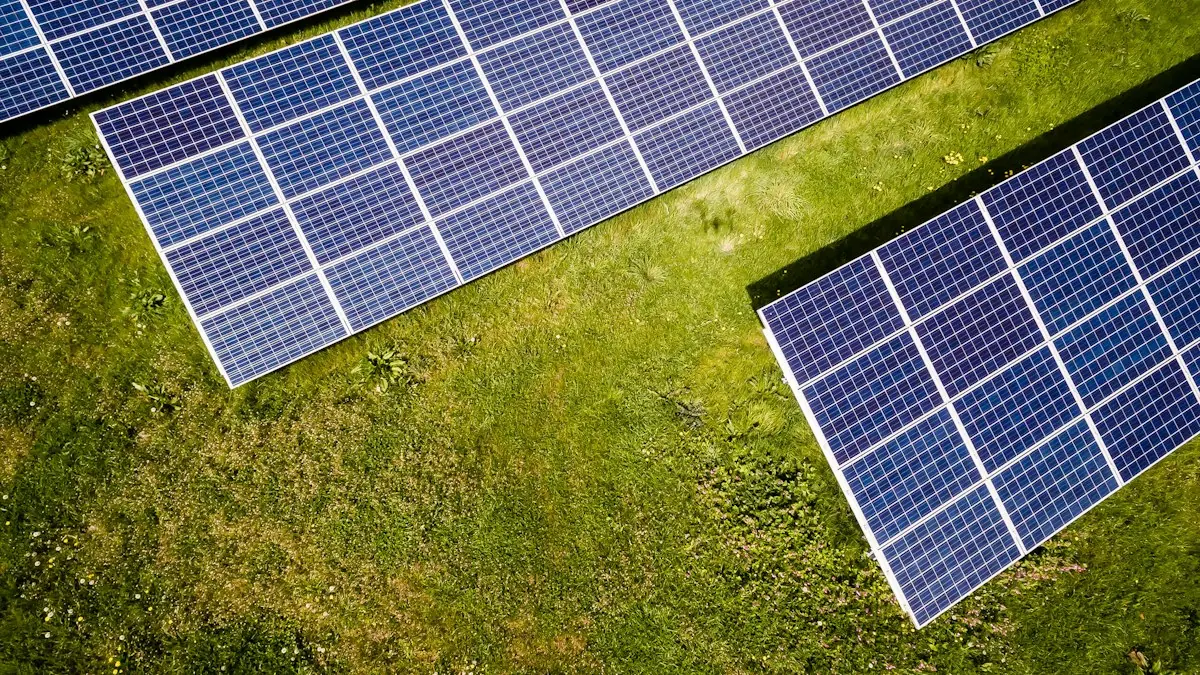 Solar panels set on green grass